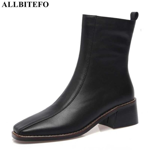 ALLBITEFO arriva stivaletti con tacchi spessi in vera pelle per donna comodi tacchi alti scarpe da donna da ufficio stivali da donna 210611