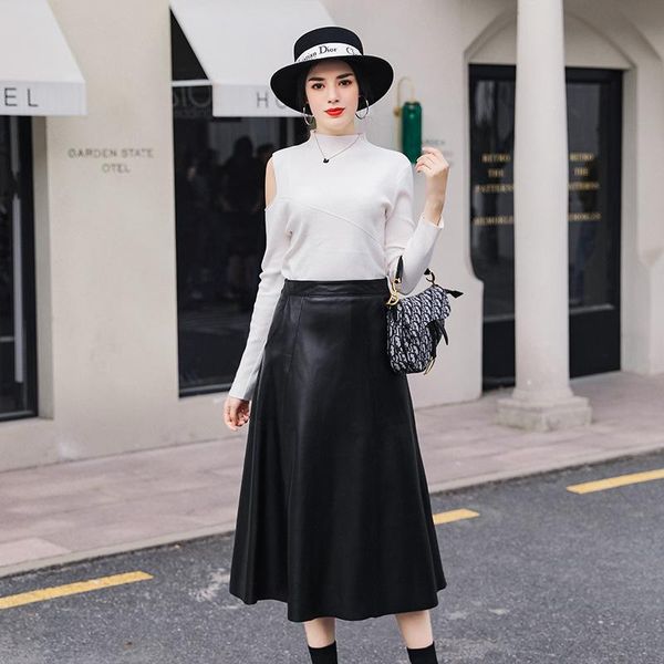 

skirts autumn winter temperament long genuine leather black pockets skirt real sheepskin high waist umbrella formal quality