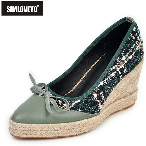 

espadrilles patchwork pumps bowtie cloth cover heel slip on rattan wedges pointed toe 8cm size 32-44 green a4177 dress shoes, Black
