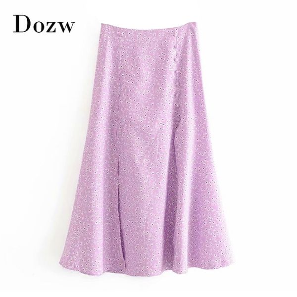 

sweet long split skirt women floral print vintage casual midi high waist a line buttons stylish s jupe femme 210515, Black
