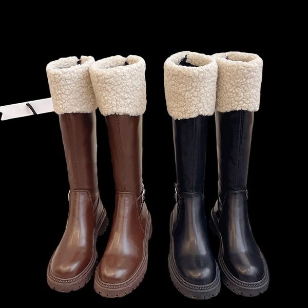 

boots winter thick high heels long with platform women brand design square toe knee woman white pu leather booties, Black