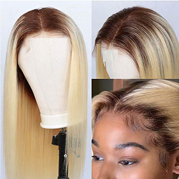 

blonde ombre synthetic lace front wig large cap size wig honey blonde preplucked middle ratio silky straight heat resistant, Black