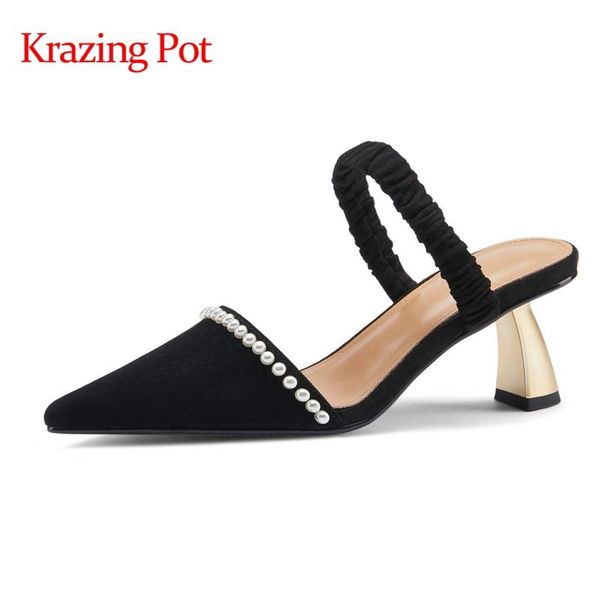 

krazing pot genuine leather pointed toe pearl strange style princess fairly fashion slip on summer mules sandals women l08 dress shoes, Black