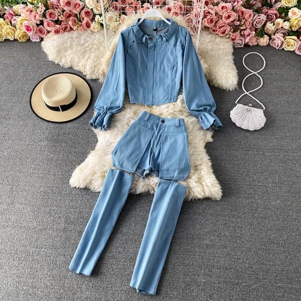 

fashion 2021 spring summer long sleeve short two piece set with cut-out leg hollow out jeans trousers pants women's, White