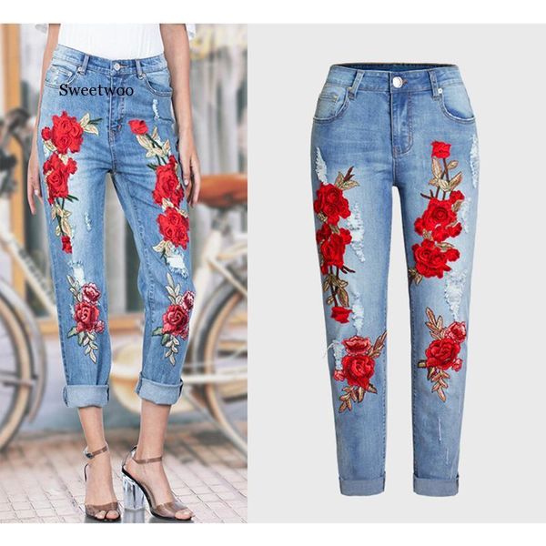 

women's jeans women stretch loose denim pants floral 3d embroidery bleach ripped female elastic, Blue