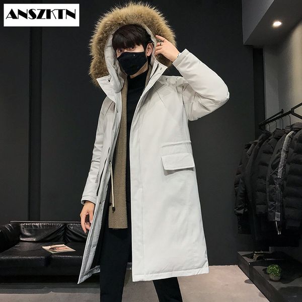 

anszktn new arrivals men's down jacket with big real fur collar warm parka -30 degrees men casual waterproof winter coat, Black