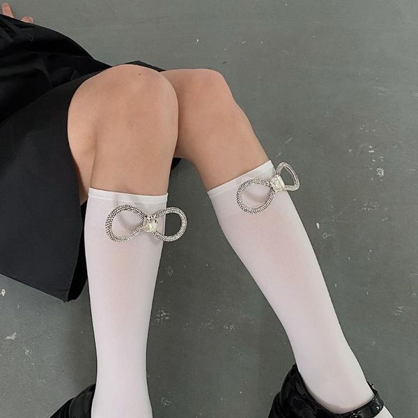 

socks & hosiery 066c women summer silky knee high shiny crystal rhinestone bow lolita stockings, Black;white