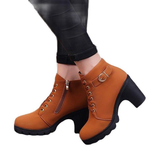 

boots trend fashion spring women casual flock pointed high square heel warm ankle 2021, Black