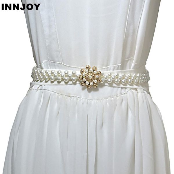 

elegant women pearl belt waist elastic buckle chain female girls dress crystal strap belts, Black;brown