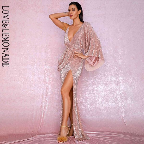 

love&lemonade rose gold v-neck single sleeve sequins split party maxi dress lm81848, Black;gray