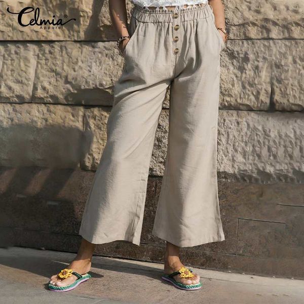 

capris celmia women vintage cotton pant casual loose long palazzo fashion wide leg trousers solid buttons pockets pantalones plus size, Black;white