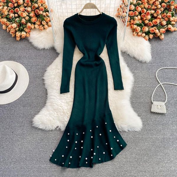 

casual dresses uulutonica winter women elegant fashion trumpet / mermaid solid full embroidered flares mid-calf puff sleeve knitting dress, Black;gray
