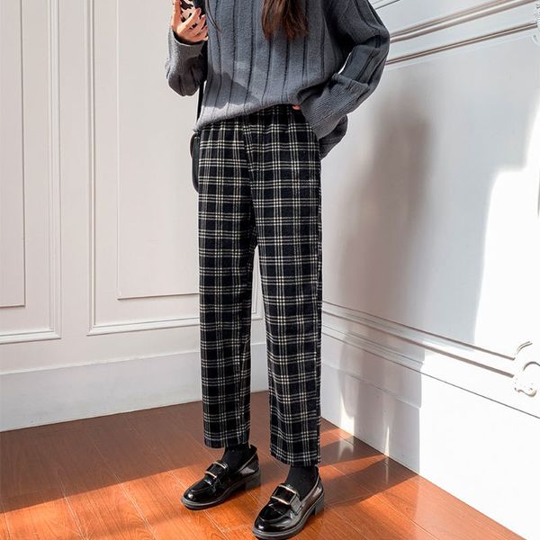 

women's jeans arrival autumn korea fashion women elastic waist loose ankle-length pants casual cotton corduroy plaid harem v19 fv3, Blue