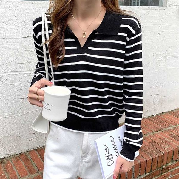 

women long sleeve striped polo collar sweater female elegant spring autumn casual korean style thin knitted chic pullovers 211214, White;black