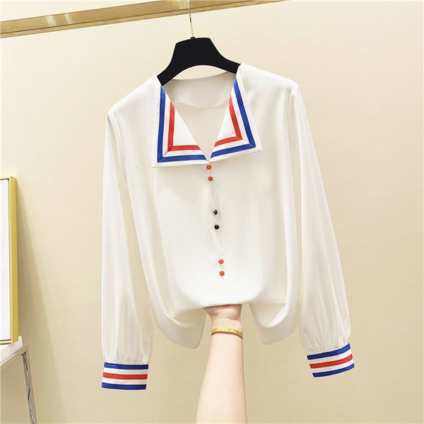 

blouses spring korean-style striped webbing color v-neck women's long-sleeve chiffon shirt blouse women blusa feminina, White