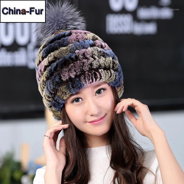

beanie/skull caps winter women handmade knitted real rex fur beanies hats lovely ladies hat warm striped casual cap1, Blue;gray