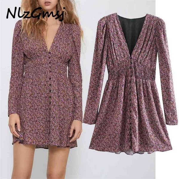 

dres floral print mini v neck vintage long sleeve ladies elastic waist elegant es 210628, Black;gray