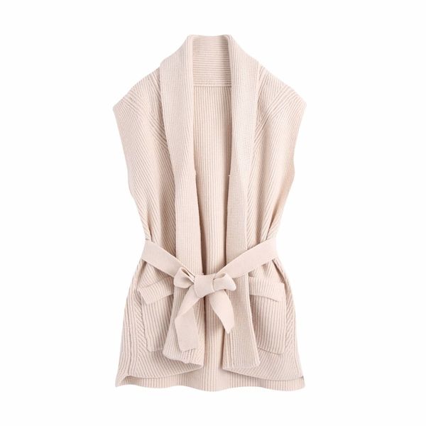 

casual woman belt knitted sleeveless coat fashion ladies autumn vest sweater outerwear female camel soft jackets 210515, Black;white