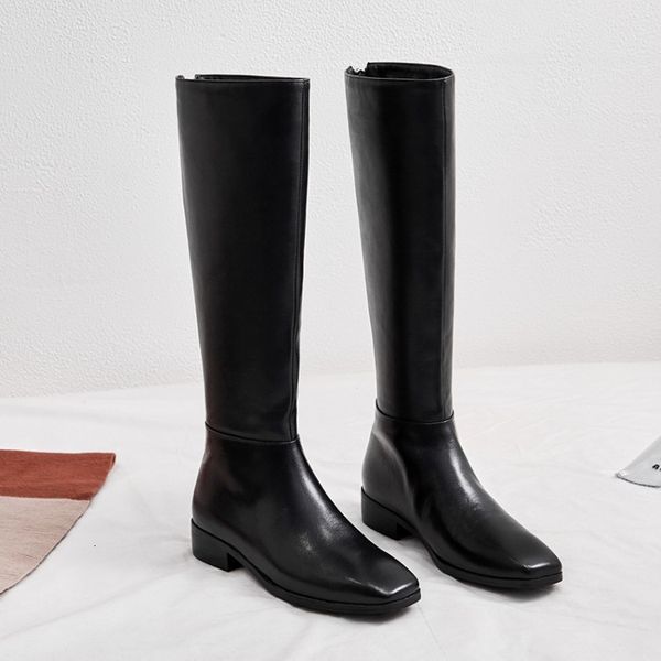 

boots mljuese women knee-high boots cow leather winter black color square toe zippers short plush high size 43 lug6