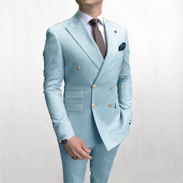

men's suits & blazers 2021 fashion sky blue men double breasted gold button groom wedding tuxedos costume homme 2 pieces jacket + pants, White;black