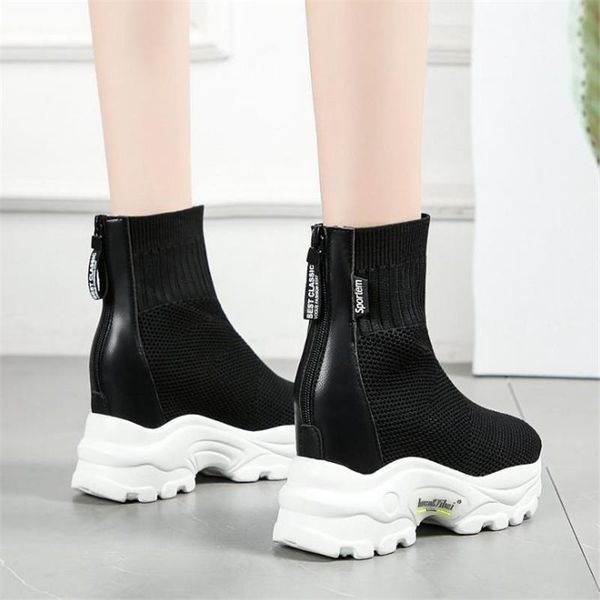 

boots winter platform women ankle female non slip sneakers shoe 8cm wedge heels sock autumn flock short woman, Black