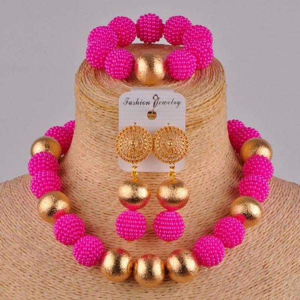 Orecchini Collana Set di gioielli rosa fucsia africano Set di perle simulate Set da sposa nigeriano per donna FZZ36