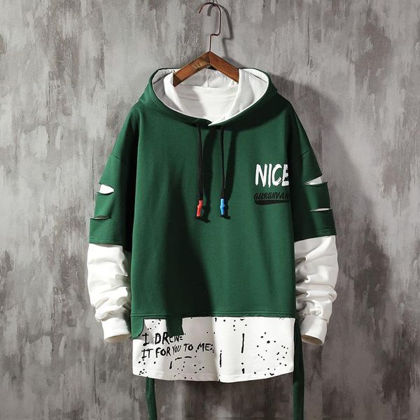 

men's hoodies & sweatshirts men ribben autumn male fashion solid color splice street style, Black