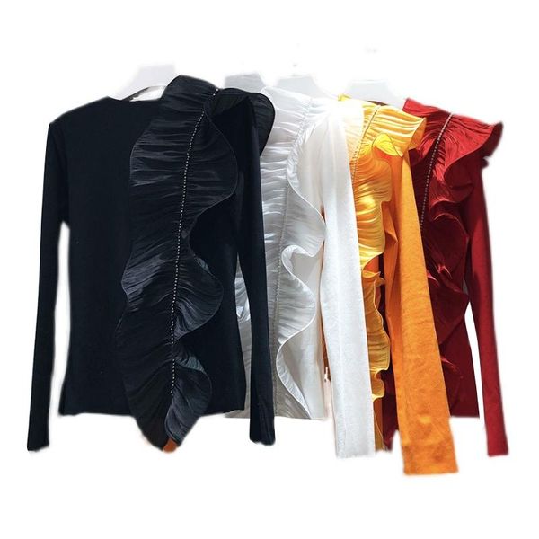

women's t-shirt irregular ruffled diamond long sleeve t shirt for women fashion lady all-match tshirt spring 2021, White