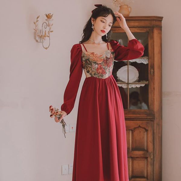 

vintage oil painting embroidery long sleeve dress elegant women casual dresses, Black;gray