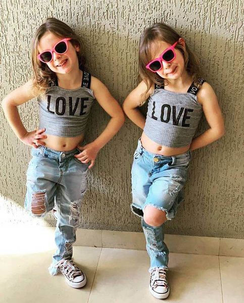 

kids clothing sets girls outfits baby clothes children wear summer letter vest tank hole denim trousers jeans pants 2pcs b7592, White
