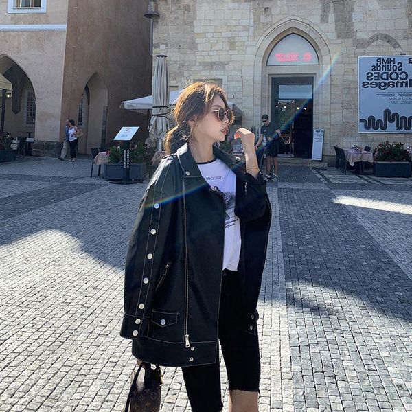 

women's leather & faux autumn style fashion mid-length women coat female 2021 rivet black motorcycle jacket korean version loose