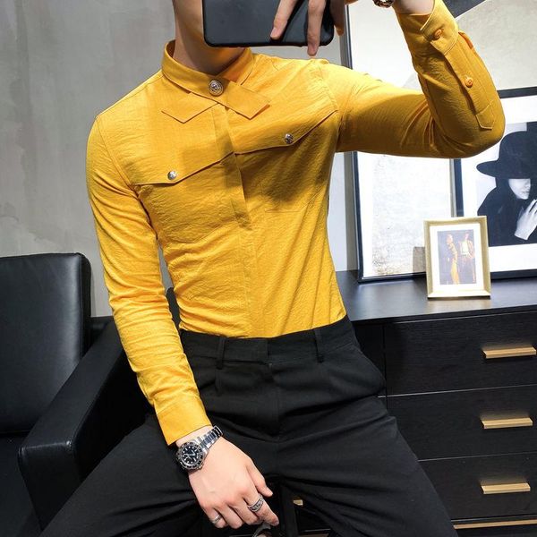 

men's casual shirts korean men's long sleeve shirt dress men yellow solid brand slim fit business formal wear, White;black