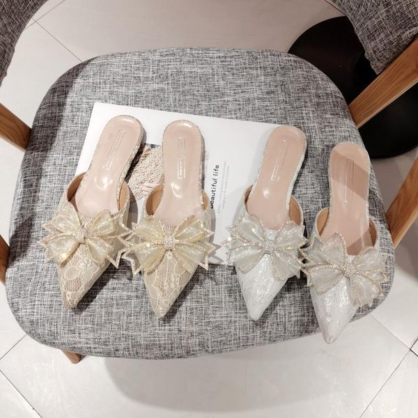 

pointed toe fashion women sandals slippers bow design lace casual slides flip flops flats heeled beige/white, Black