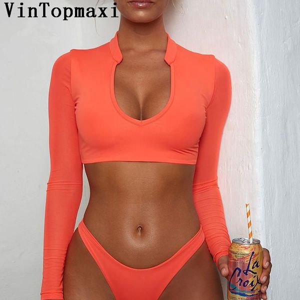 

women's swimwear thong biquini 2021 mujer long sleeve women mesh cropped swimsuit bathing suit beach wear maillot de bain, White;black