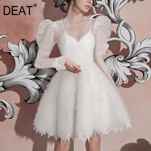 

[deat] summer new fashion tide round neck high waist puff sleeve lace solid color loose elegant dress women 13q053 210430, Black;gray