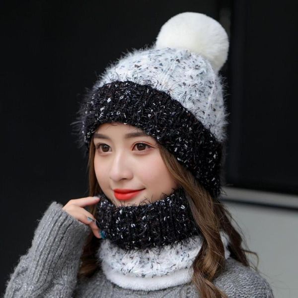 

beanie/skull caps knitted winter hat scarf set for women windproof thick warm beanies and ring female accessories girls gift, Blue;gray