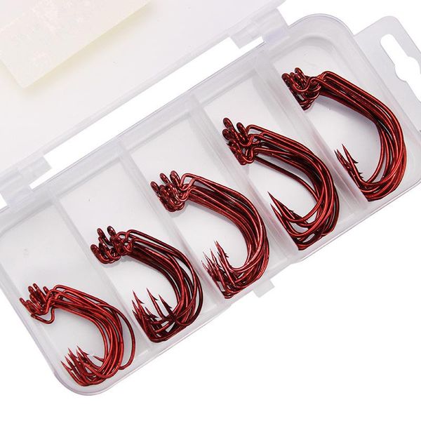 

50pcs/set red 1/2 1/0 2/0 3/0 sharp fishing hooks high carbon steel treble hook round bent crank with box tackle