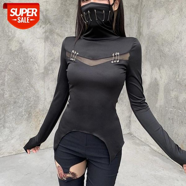 

funky solid color slim t-shirt women ladies spring high collar hanging ear long sleeve irregular hem shirt with pin decor #ua3k, White