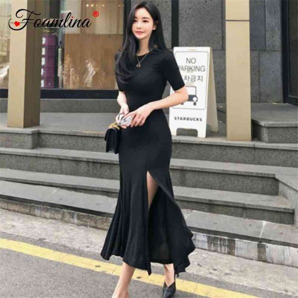 

casual women summer dress black o neck short sleeve slim fit ruffles split korean fashion daily wear midi party robe femme 210603, Black;gray