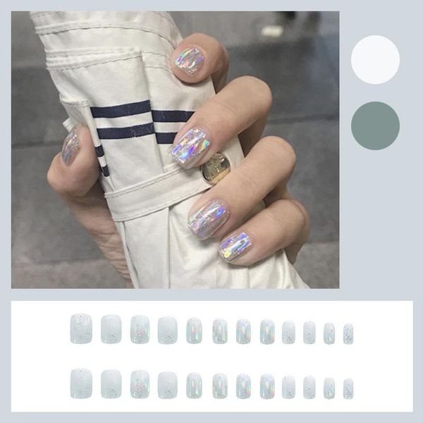 

false nails 24pcs fake nail colorful glittering glass detachable short square art finished press on full cover with glue, Red;gold