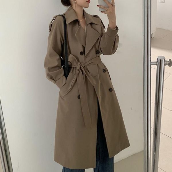 

women's trench coats women autumn double breasted casual long windbreaker winter sleeve sashes streetwear trend coat fashion korean out, Tan;black