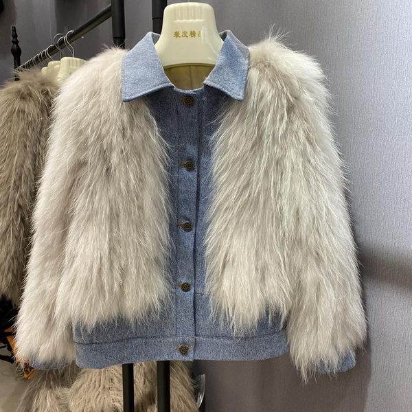 

women's fur & faux winter denim jackets women coat with real raccoon fashion casual outerwear female warm jean, Black