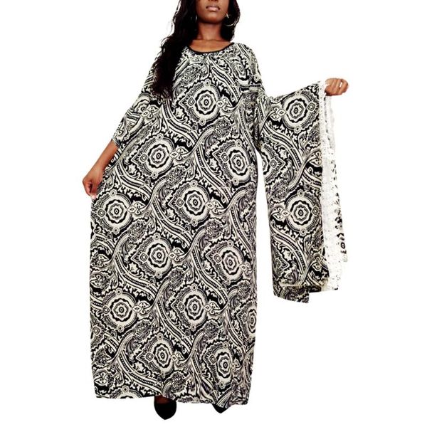 

women's print sundress 2021 autumn bohemian half sleeve maxi dress casual o neck floral vestidos female robe with lace scarf dresses, Black;gray