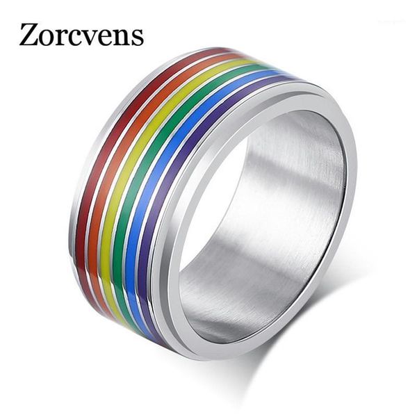 

cluster rings zorcvens rainbow silver color stainless steel engagement wedding for men trendy band lesbian & gay couple jewelry1, Golden;silver