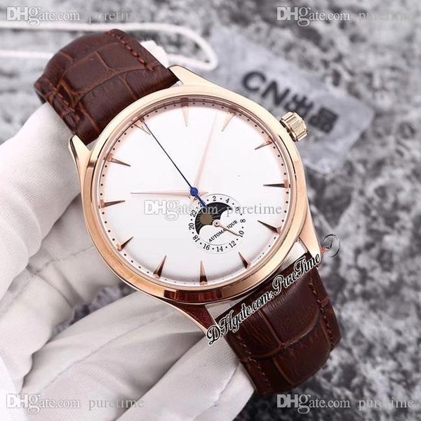 

master ultra thin 1368420 moon phase automatic mens watch 39mm rose gold silver dial stick markers brown leather strap sports watches 2021 p, Slivery;brown