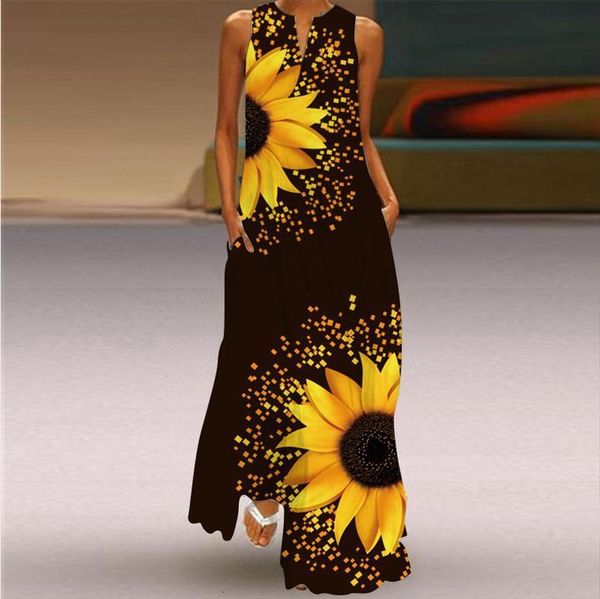 

vintage printing maxi summer fashion women dress v neck sleeveless long elegant ladies sundress plus size 5xl, Black;gray