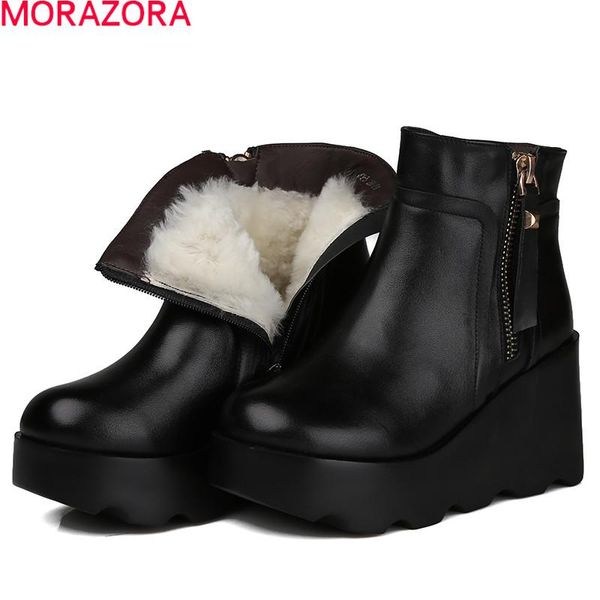 

boots morazora 2021 winter 100% nature wool women genuine leather fashion wedges platform black color ankle
