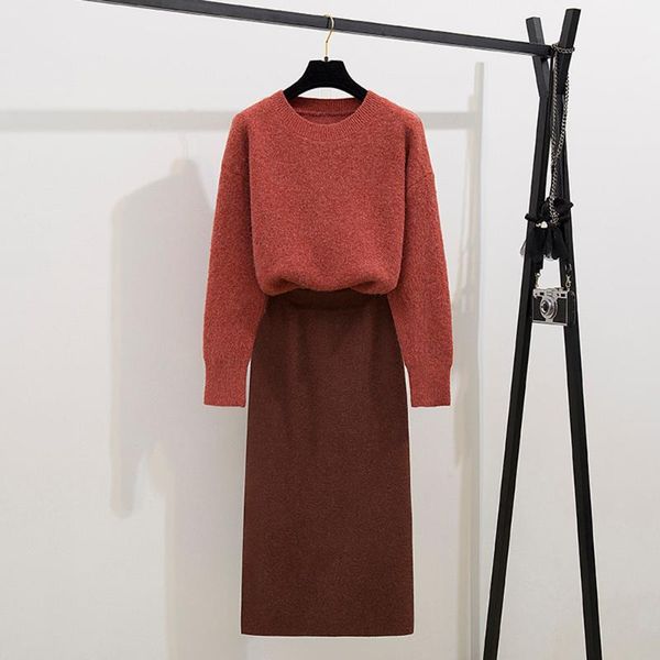 

two piece dress autumn korean style women's sweater skirt sets fashion sweet office ladies suits plain pullover sweaters minimalist, White