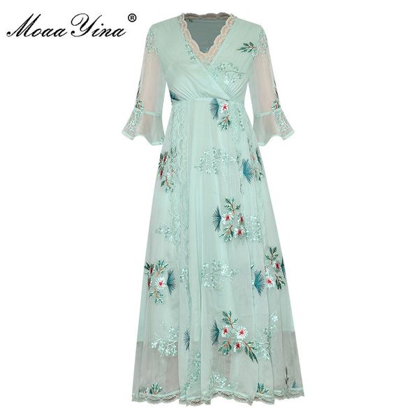 

fashion designer dress summer women's dress v neck embroidery chiffon elegant dresses 210524, Black;gray
