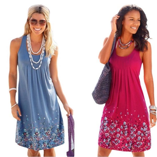 

women's dresses 2021 sleeveless floral print pleated loose fashion, Black;gray